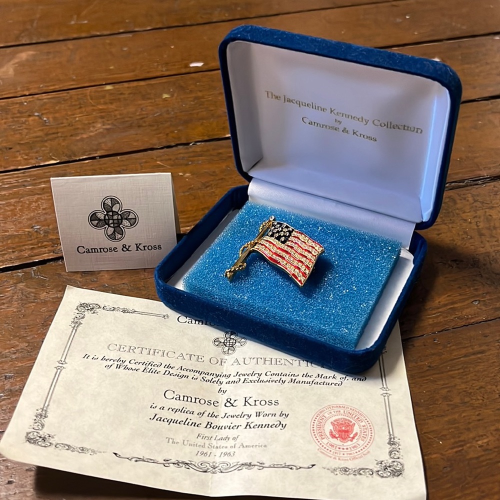 Vintage Camrose & Kross JBK Jaqueline Kennedy USA American flag pin brooch